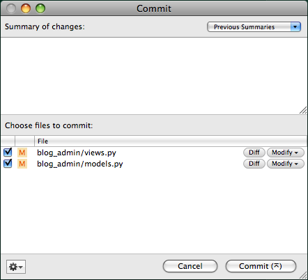 Menu commit du bundle Subversion